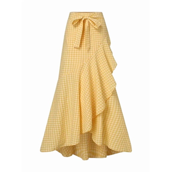 Women'S Retro Plaid Maxi Skirt A Line Pleated Flared Elastic High Waisted Gingham Summer Swing Long Skirt Yellow M