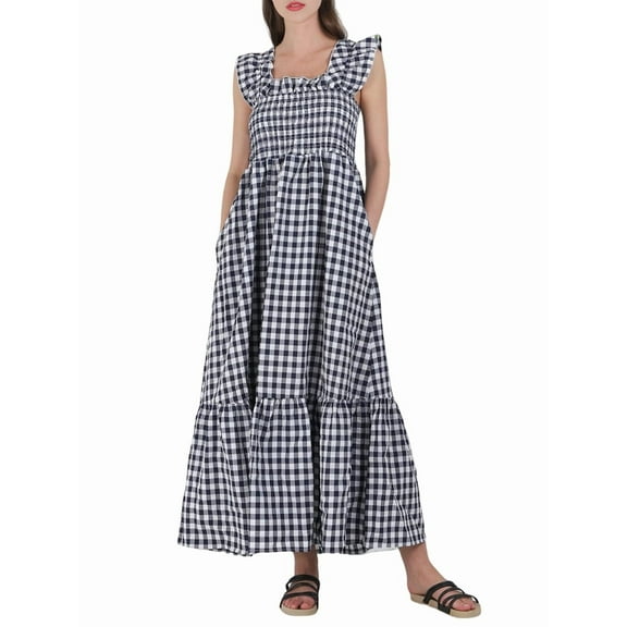 Women'S Retro Plaid Smocked Dress Spaghetti Strap Flounce Long Dress Black M