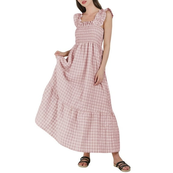 Women'S Retro Plaid Smocked Dress Spaghetti Strap Flounce Long Dress Pink L