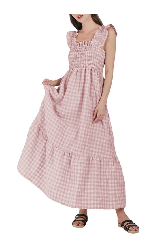 Women'S Retro Plaid Smocked Dress Spaghetti Strap Flounce Long Dress Pink L