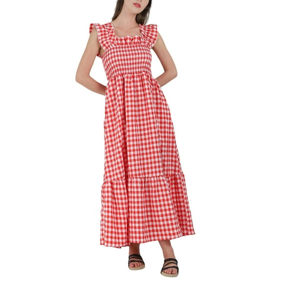 Women'S Retro Plaid Smocked Dress Spaghetti Strap Flounce Long Dress Red M