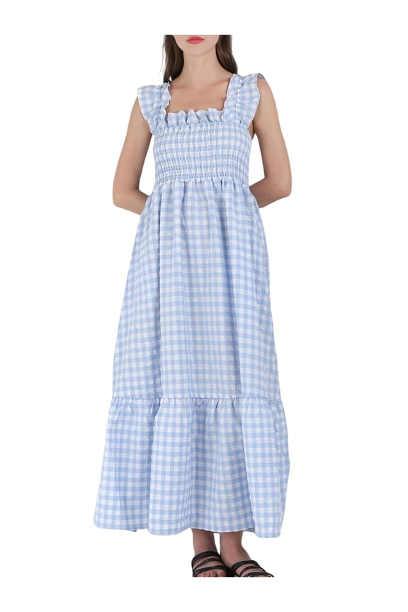 Women'S Retro Plaid Smocked Dress Spaghetti Strap Flounce Long Dress Sky Blue XL