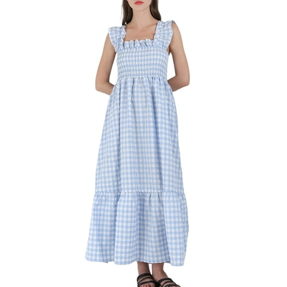 Women'S Retro Plaid Smocked Dress Spaghetti Strap Flounce Long Dress Sky Blue XXXL