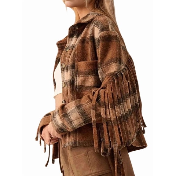 Women'S Retro Plaid Wool Blend Short Jacket Long Sleeve Fringe Detail Crop Top Fall Winter Casual Street Outwear Khaki L