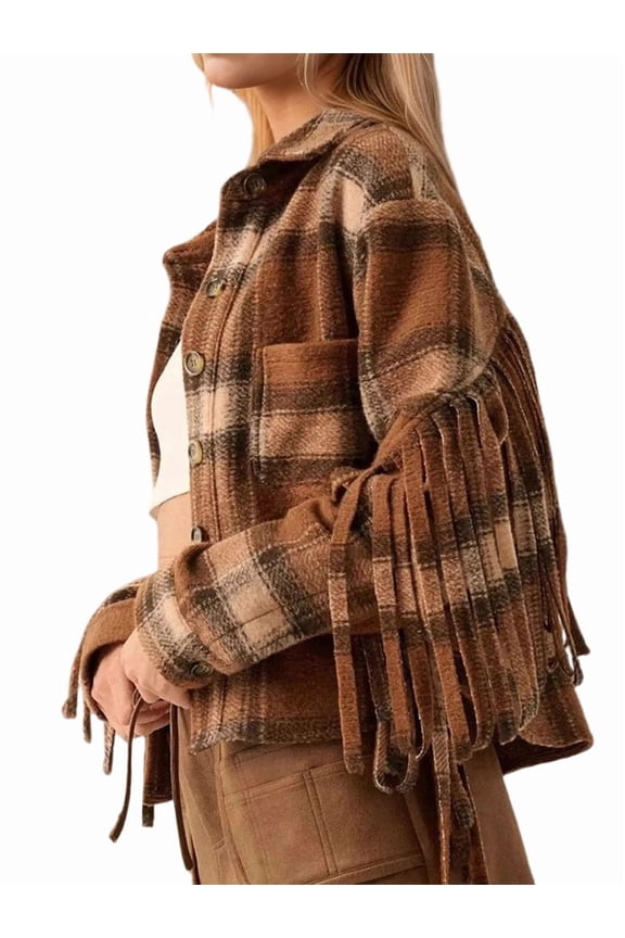 Women'S Retro Plaid Wool Blend Short Jacket Long Sleeve Fringe Detail Crop Top Fall Winter Outwear Khaki XL