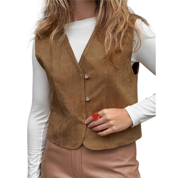 Women'S Retro Suede Vest Autumn Casual V-Neck Workwear Jacket Sleeveless Button Down V-Neck Vests Khaki S