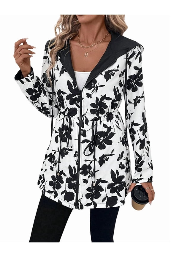 Women'S Reversible Hooded Casual Coat Full Zip Up Windbreaker Two - Sided Jacket Floral Print L