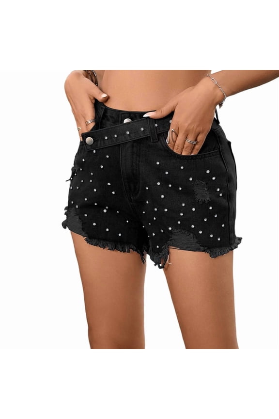 Women'S Rhinestone Denim Shorts Summer High Waist Frayed Raw Hem Jeans Shorts Black S