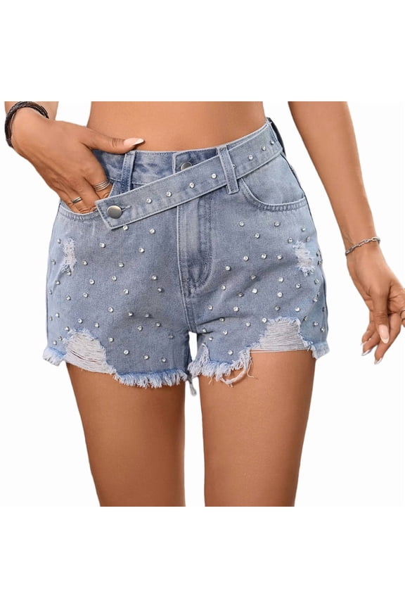 Women'S Rhinestone Denim Shorts Summer High Waist Frayed Raw Hem Jeans Shorts Blue L