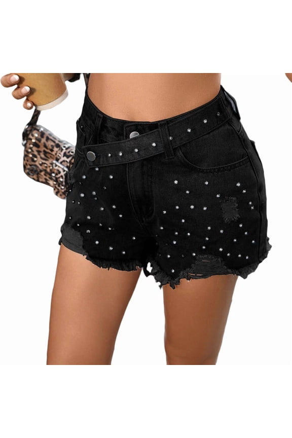 Women'S Rhinestone Denim Shorts Summer High Waist Frayed Raw Hem Jeans Shorts