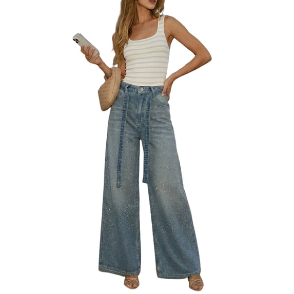 Women'S Rhinestone Jeans High Waisted Straight Leg Sparkly Bling Glitter Denim Pants with Belt Light Blue L