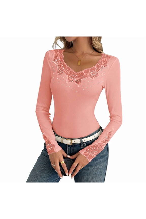 Women'S Rhinestone Sparkly Floral Lace T Shirt Long Sleeve Fitted Knit Top Pink L