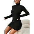 thumbnail image 1 of Women'S Rib Knit Ruched Long Sleeve Short Bodycon Dresses High Neck Slim Fit High Waist Sweater Dress Black L, 1 of 7