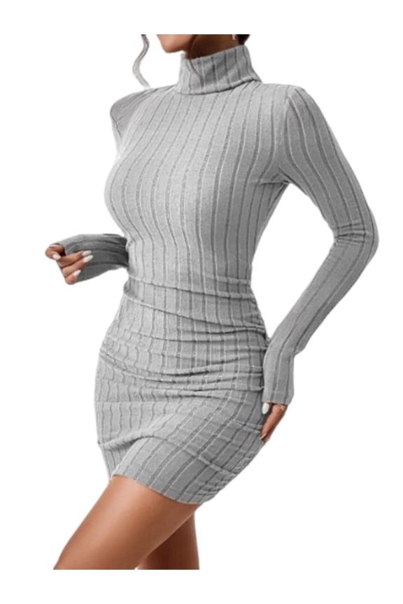 Women'S Rib Knit Ruched Long Sleeve Short Bodycon Dresses High Neck Slim Fit High Waist Sweater Dress Light Gray XL