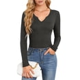 thumbnail image 1 of Women'S Ribbed Deep V-Neck Wrap Style Long Sleeve T-Shirt Casual Basic Stretch Top Gray M, 1 of 7