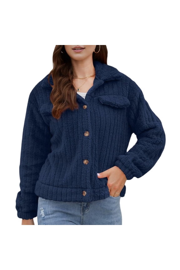 Women'S Ribbed Furry Fleece Cardigan, Lapel Collar Cropped Jacket with Plush Soft Coat for Winter Deep Blue L