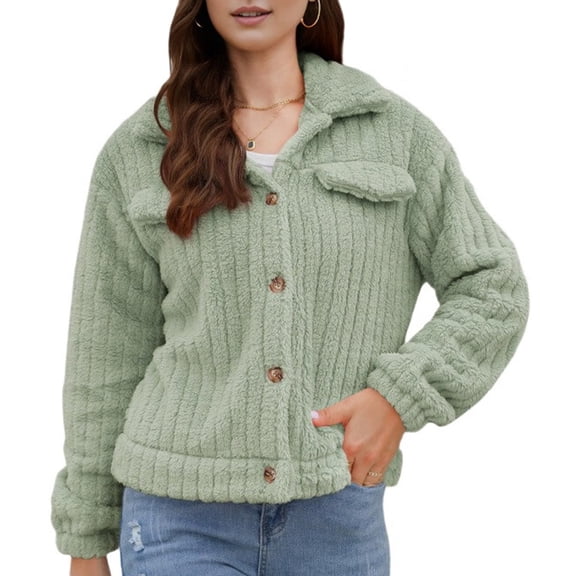 Women'S Ribbed Furry Fleece Cardigan, Lapel Collar Cropped Jacket with Plush Soft Coat for Winter Light Green L