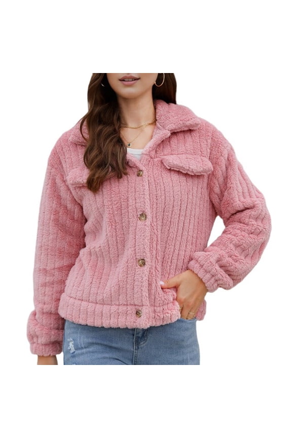Women'S Ribbed Furry Fleece Cardigan, Lapel Collar Cropped Jacket with Plush Soft Coat for Winter Pink M
