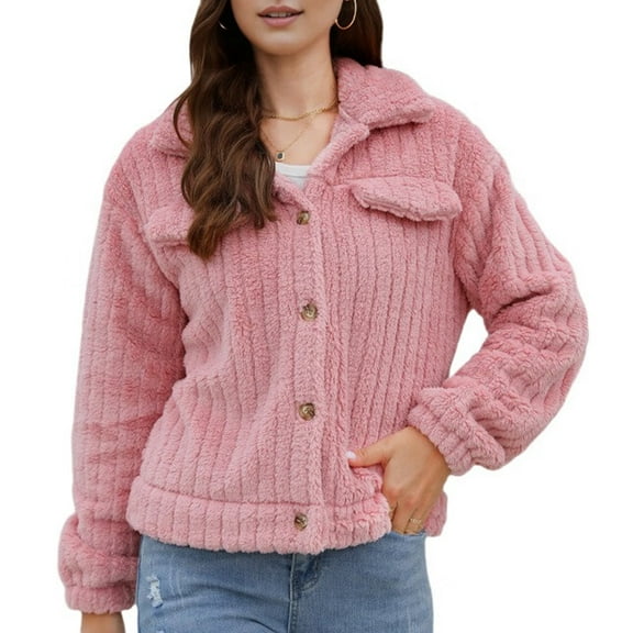 Women'S Ribbed Furry Fleece Cardigan, Lapel Collar Cropped Jacket with Plush Soft Coat for Winter Pink XXL