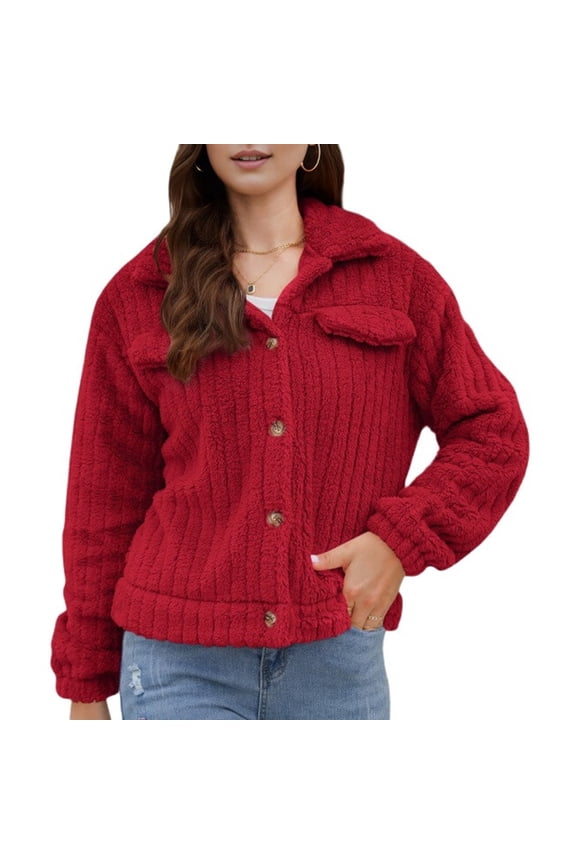 Women'S Ribbed Furry Fleece Cardigan, Lapel Collar Cropped Jacket with Plush Soft Coat for Winter Red M
