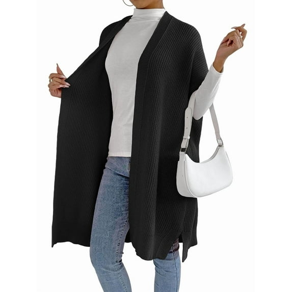 Women'S Ribbed Knit Cardigan Batwing Short Sleeve Oversized Casual Sweater Chunky Side Split Long Coat Black One size