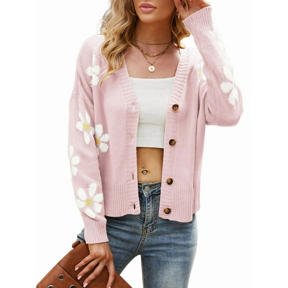 Women'S Ribbed Knit Cardigan, Pretty Daisy Button-Down Jacquard Knit Sweater Coat Pink L