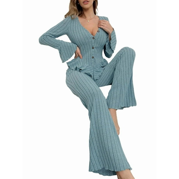 Women'S Ribbed Knit Peplum Cozy Two Piece Outfits Lounge Long Sleeve V Neck Buttons Slim-Fit Pajama Set Blue M
