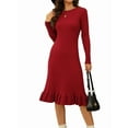 thumbnail image 1 of Women'S Ribbed Knit Sweater Dress Casual Long Sleeve Crew Neck Bodycon Pleated A Line Long Dress Streetwear Wine Red XXL, 1 of 10
