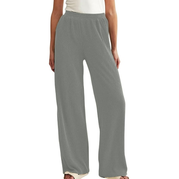 Women'S Ribbed Knitted Pants Solid Color Casual Elastic Waist Versatile Casual Wideleg Pants With Pockets Gray XL