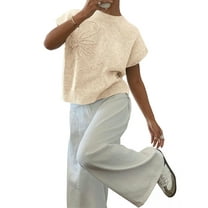 Women'S Ribbed Sweater Crew Neck Short Sleeve Loose Fit Floral Knit Pullover Tops Apricot M