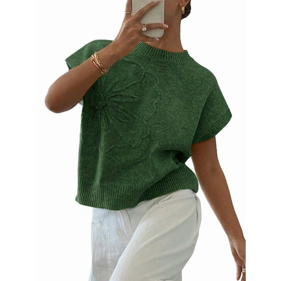 Women'S Ribbed Sweater Crew Neck Short Sleeve Loose Fit Floral Knit Pullover Tops Dark Green L