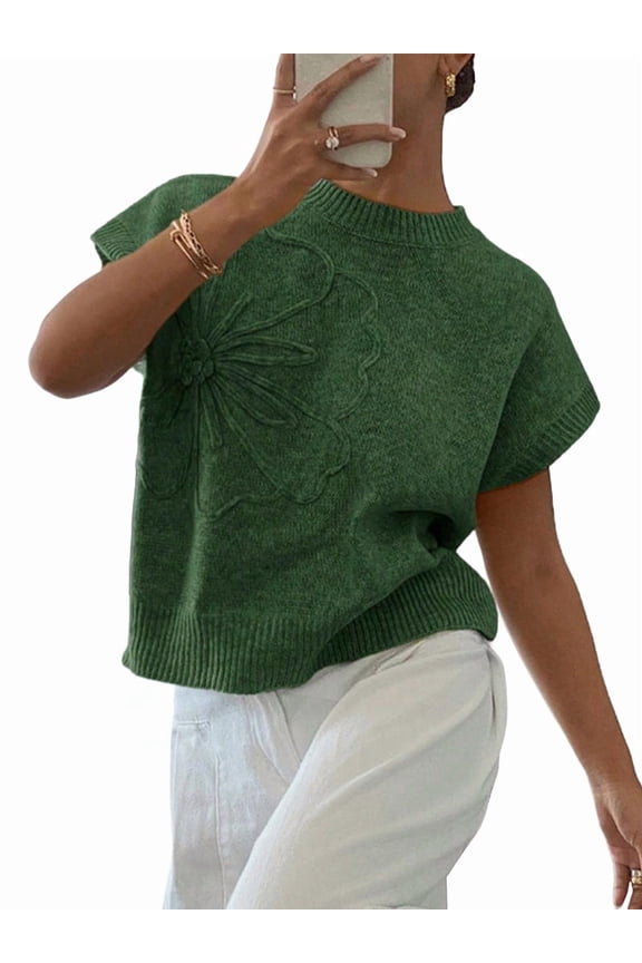 Women'S Ribbed Sweater Crew Neck Short Sleeve Loose Fit Floral Knit Pullover Tops Dark Green S
