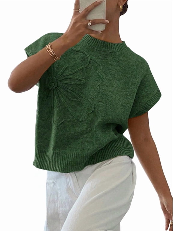 Women'S Ribbed Sweater Crew Neck Short Sleeve Loose Fit Floral Knit Pullover Tops Dark Green S