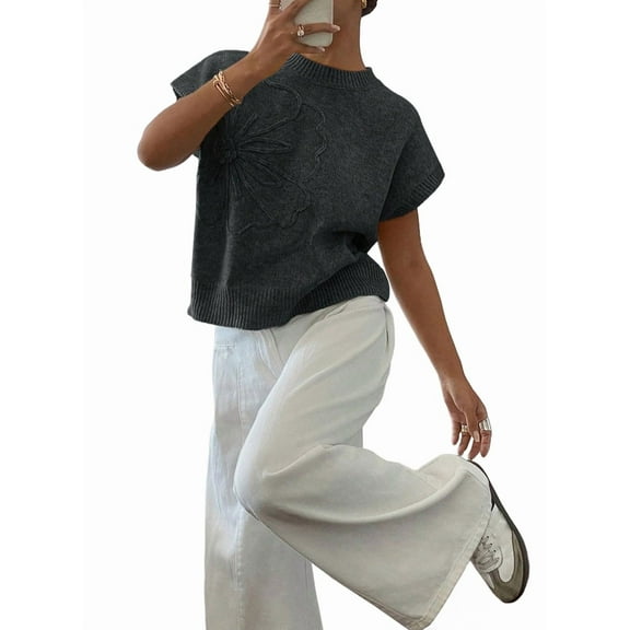 Women'S Ribbed Sweater Crew Neck Short Sleeve Loose Fit Floral Knit Pullover Tops Grey L