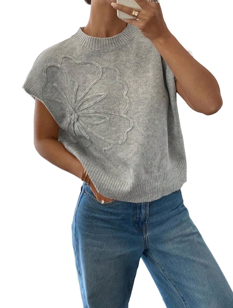 Women'S Ribbed Sweater Crew Neck Short Sleeve Loose Fit Floral Knit Pullover Tops Silver M