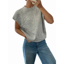 Women'S Ribbed Sweater Crew Neck Short Sleeve Loose Fit Floral Knit Pullover Tops Silver M