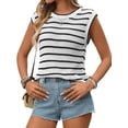 thumbnail image 1 of Women'S Ribbed Sweater Crew Neck Short Sleeve Loose Fit Stripe Knit Pullover Tops Black S, 1 of 9