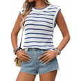 thumbnail image 1 of Women'S Ribbed Sweater Crew Neck Short Sleeve Loose Fit Stripe Knit Pullover Tops Blue L, 1 of 9