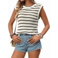 thumbnail image 1 of Women'S Ribbed Sweater Crew Neck Short Sleeve Loose Fit Stripe Knit Pullover Tops Brown L, 1 of 9
