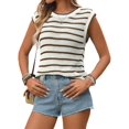 thumbnail image 1 of Women'S Ribbed Sweater Crew Neck Short Sleeve Loose Fit Stripe Knit Pullover Tops Brown S, 1 of 10