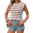 thumbnail image 1 of Women'S Ribbed Sweater Crew Neck Short Sleeve Loose Fit Stripe Knit Pullover Tops Red S, 1 of 9
