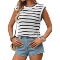 thumbnail image 1 of Women'S Ribbed Sweater Crew Neck Short Sleeve Loose Fit Stripe Knit Pullover Tops, 1 of 10