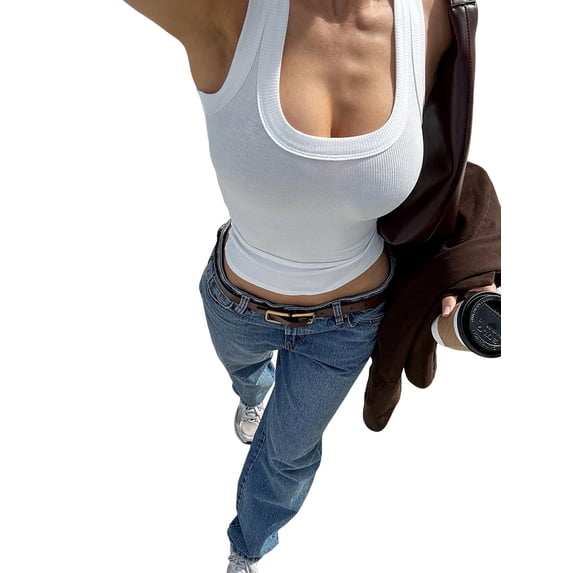 Women'S Ribbed Tank Tops Knit Halter Neck Sleeveless Fitted Summer Slim Basic Tee Shirts White M