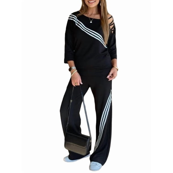 Women'S Ribbed Tracksuit Set Long Sleeve Round Neck Top with Wide Leg Athletic Pants Outfit Black XXXL