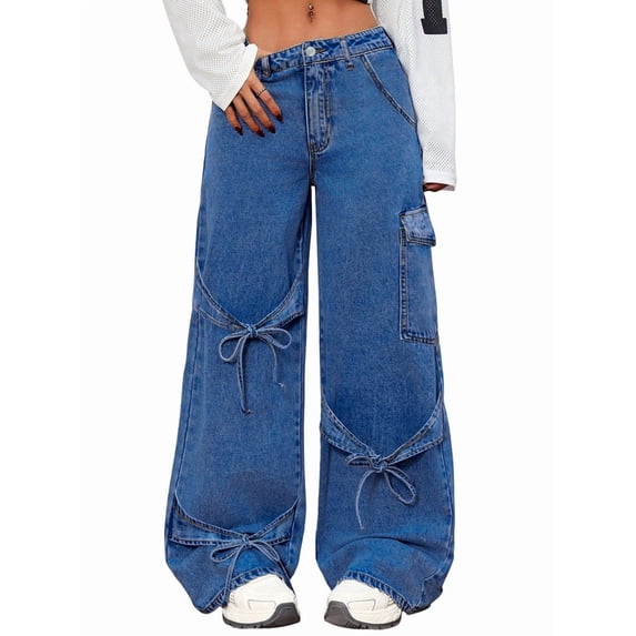 Women'S Ribbon Tie Detail Utility Style Jeans Casual Straight Wide Leg Denim Trousers Blue M