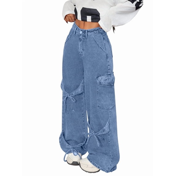 Women'S Ribbon Tie Detail Utility Style Jeans Casual Straight Wide Leg Denim Trousers Light Blue L