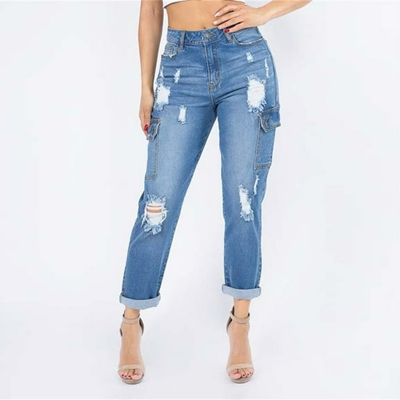Women'S Ripped Boyfriend Jeans Trendy High Waisted Straight Leg Loose Fit Distressed Zipper Fly Hole Denim With Multi Pockets Dark Blue L