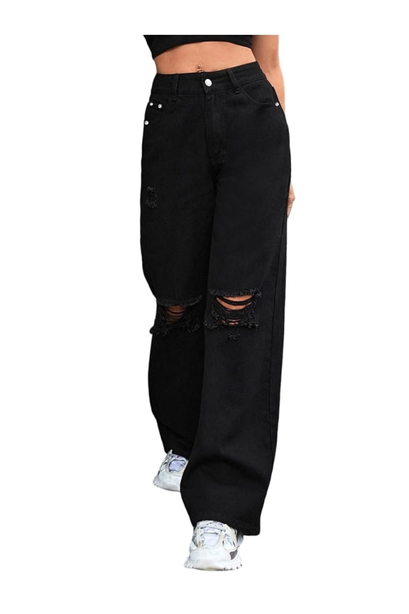 Women'S Ripped Jeans High Waisted Distressed Baggy Straight Wide Leg Pants Black L