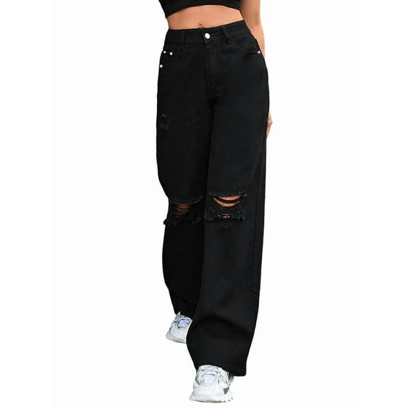 Women'S Ripped Jeans High Waisted Distressed Baggy Straight Wide Leg Pants Black S
