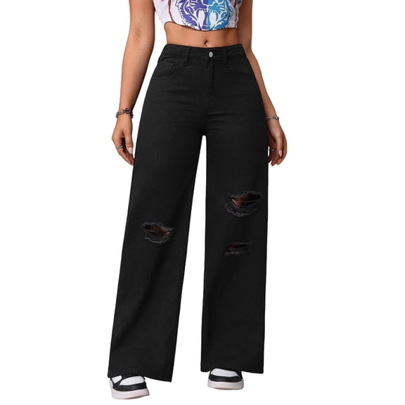 Women'S Ripped Jeans High Waisted Distressed Baggy Straight Wide Leg Pants Black XL